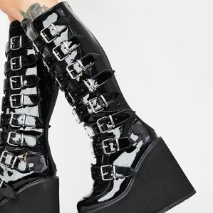Demonia Patent vegan leather trinity boots swing 118